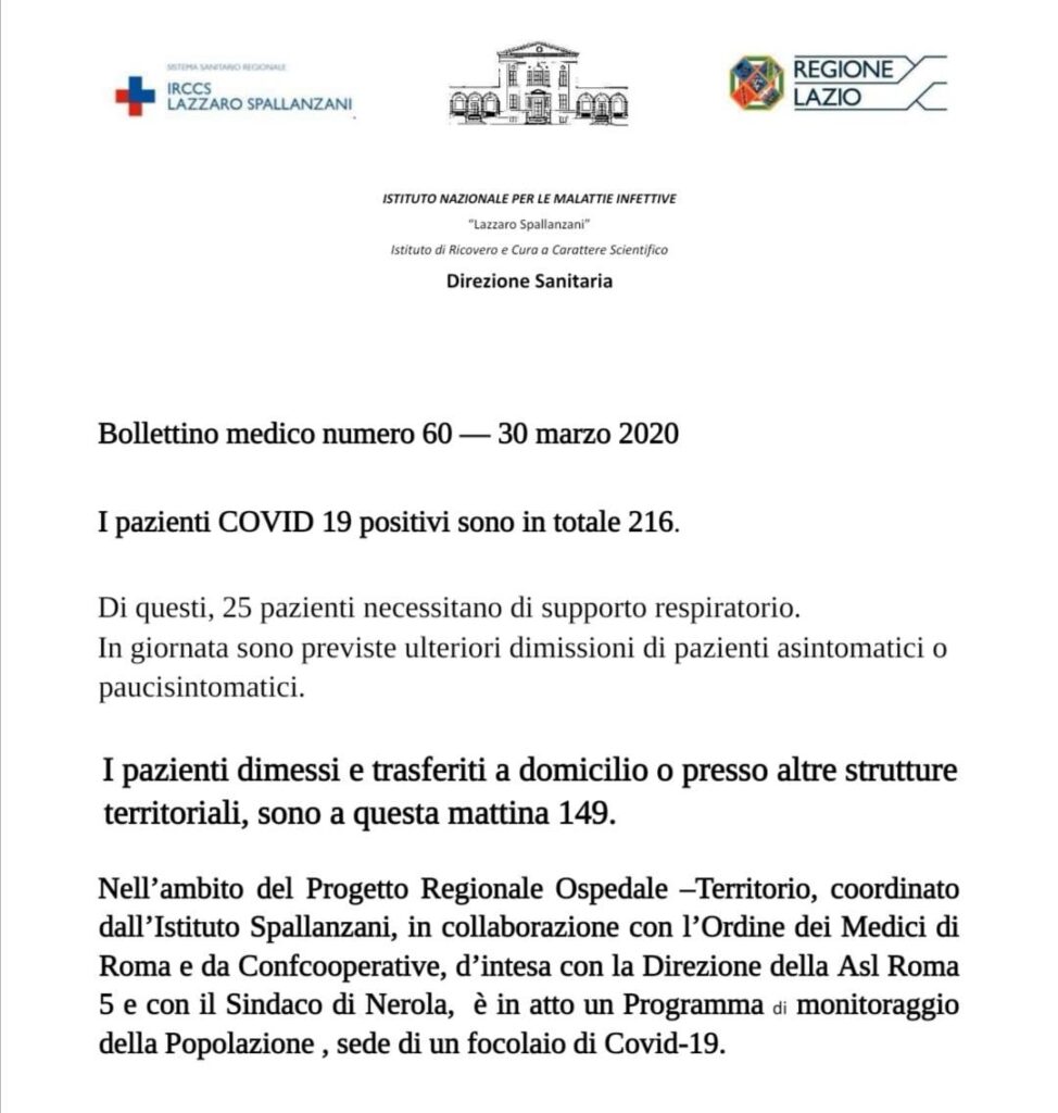 Coronavirus Lazio, aggiornamenti su numeri e province - Bollettino Protezione Civile Lazio - 30 Marzo