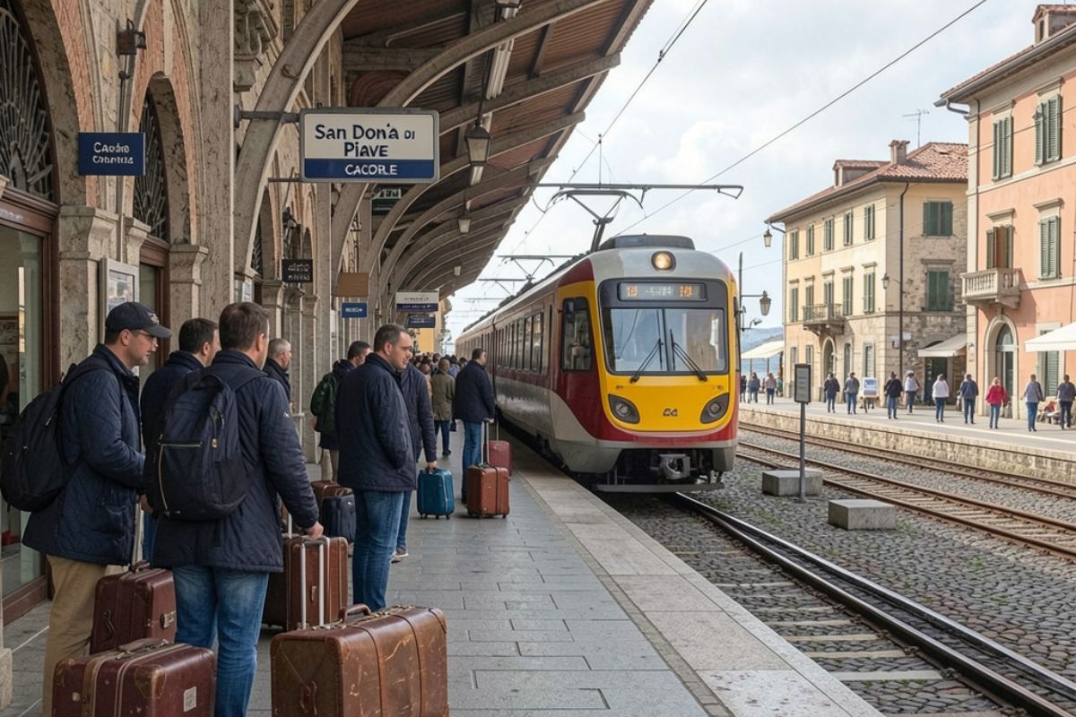 Treno del vino in viaggio tra le colline italiane, con vigneti e paesaggi mozzafiato.